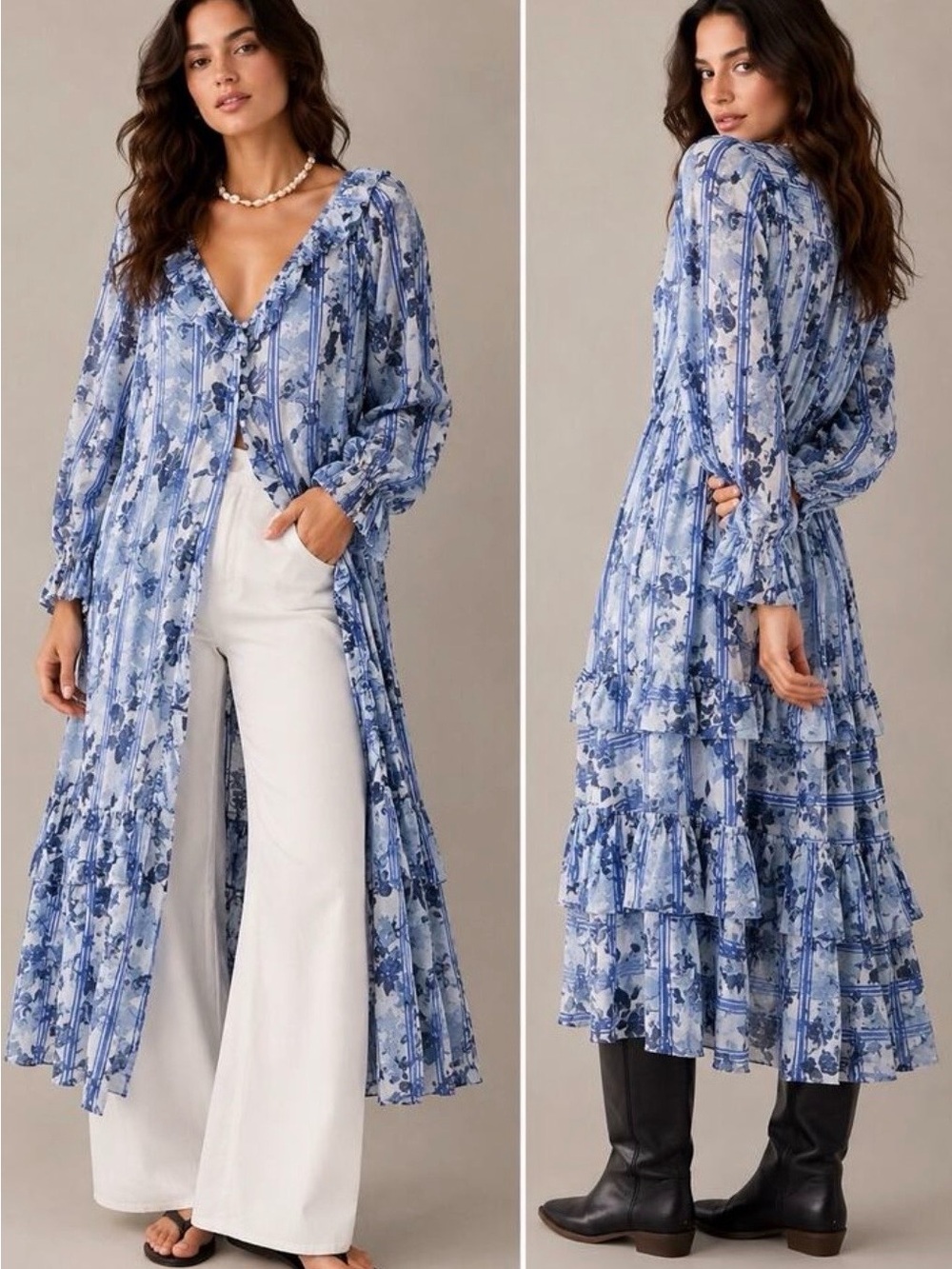Free People Garden Wonders Blue Floral V-Neck Longline Tiered Dress